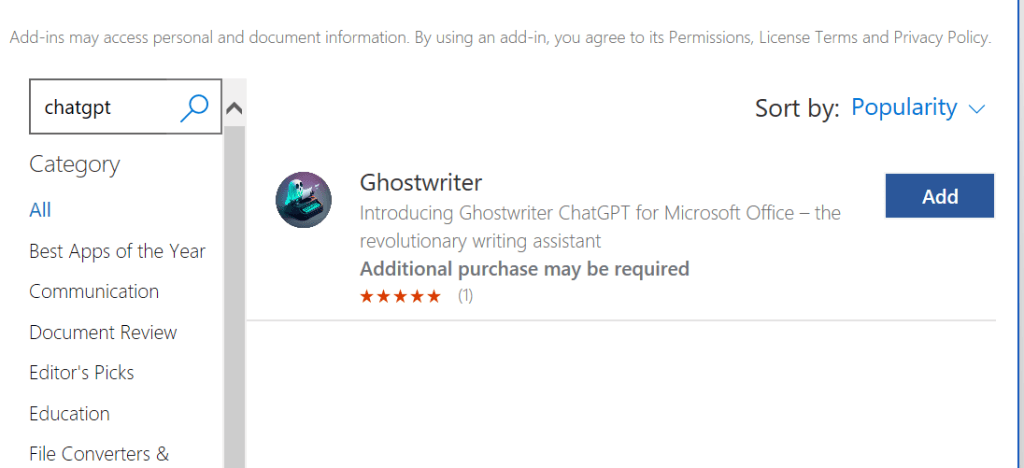 Ghostwriter ChatGPT Microsoft Addin