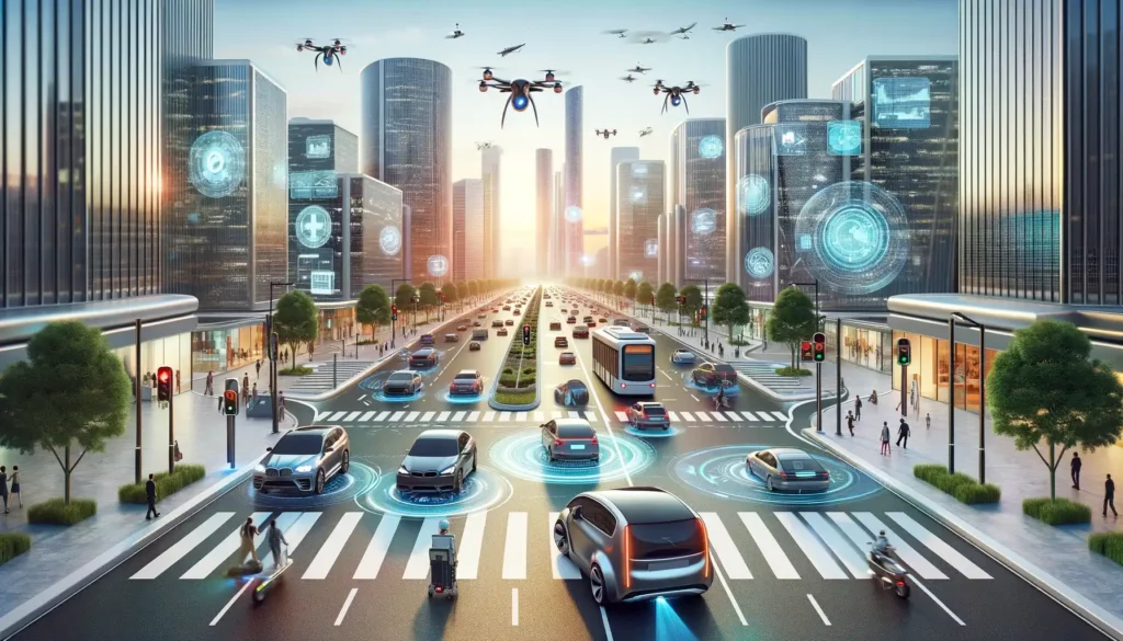 A futuristic cityscape with autonomous vehicles and drones navigating through smart streets. The scene is bustling with activity, showing cars communicating with traffic signals and pedestrians crossing through smart crosswalks. Skyscrapers line the horizon, embedded with digital interfaces, and the sky is dotted with drones and flying vehicles. The image should extend seamlessly from the existing picture, maintaining the same style and level of detail, with a bright, clear sky suggesting a harmonious blend of technology and urban life, focusing on the designs and sizes of the vehicles and drones as in the originally uploaded image.