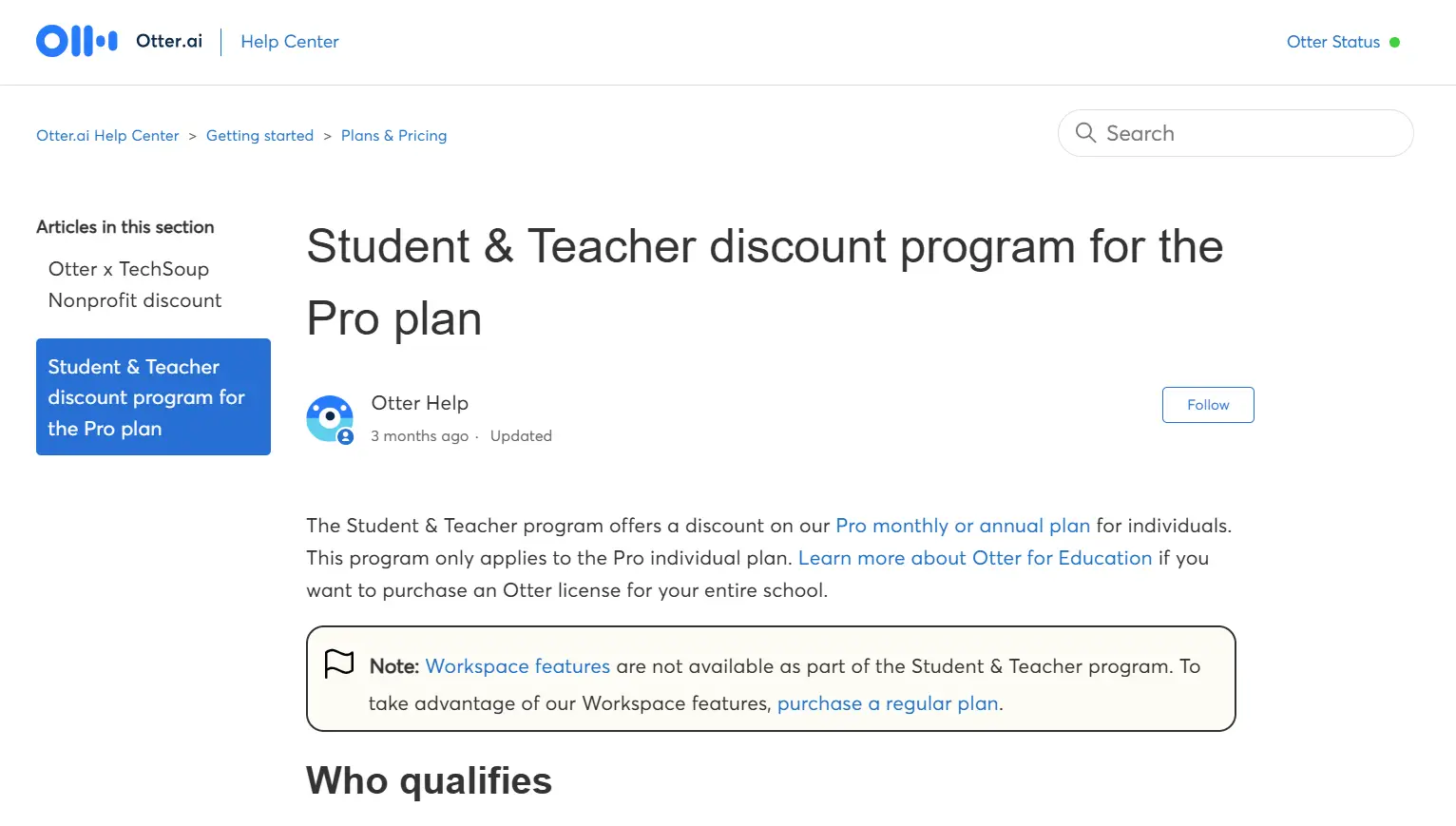 Otter AI pricing discounts for teachers and students