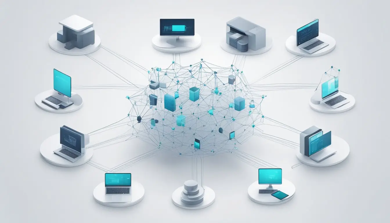 The Ernie Bot API processes data, displaying a network of interconnected nodes, with data flowing between them, symbolizing its functionality