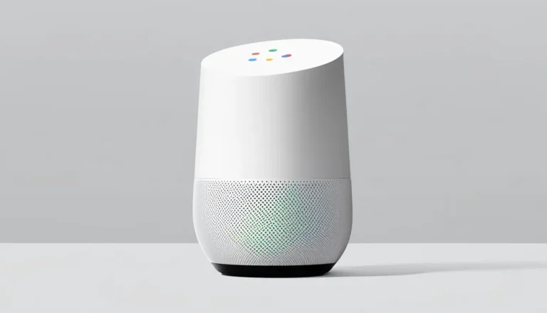 A Google Home device displaying "Frequently Asked Questions" about Gemini, with a search bar and logo visible on the screen