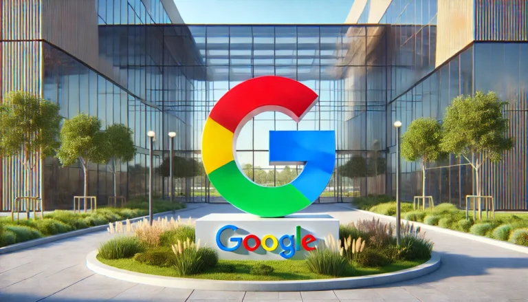 A realistic and minimalist outdoor scene featuring a large 3D Google 'G' logo sculpture in front of a modern glass building