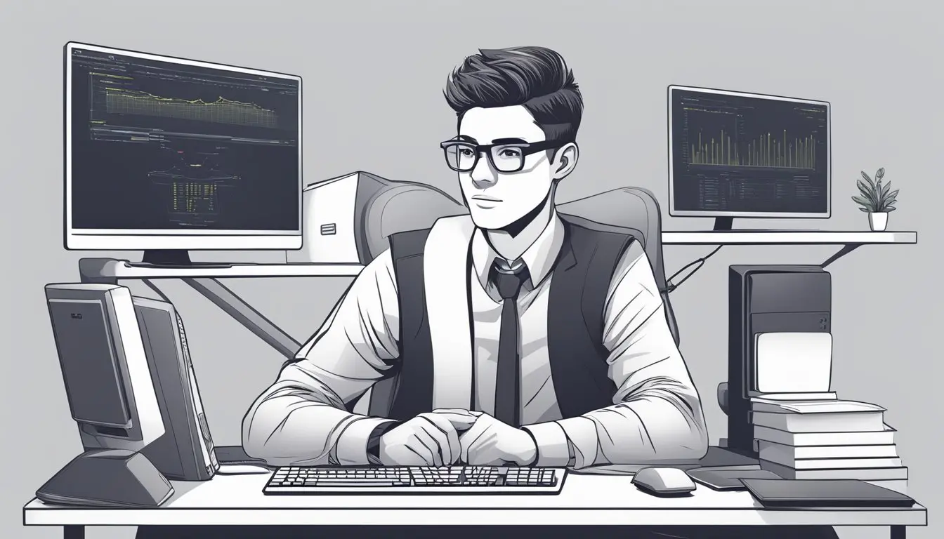 Devin, an AI software engineer, sits at a desk surrounded by computer monitors and code