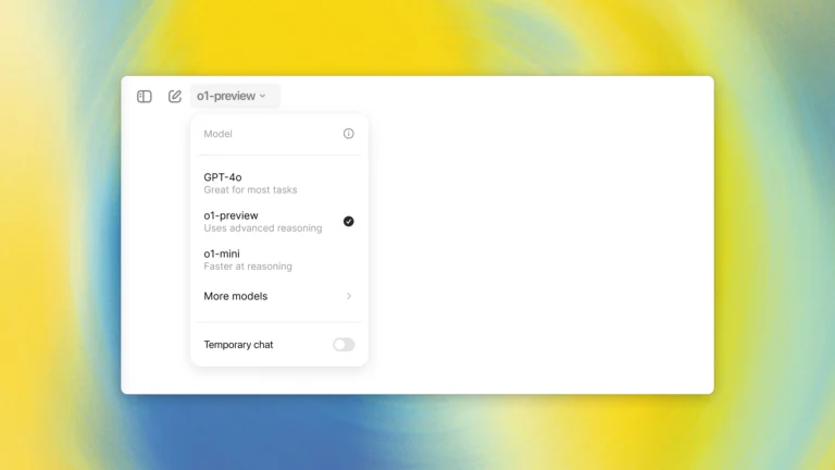 An image of the new ChatGPT dropdown that displays the new "o1-preview" model option over a bright yellow and blue abstract background. OpenAI o1 models