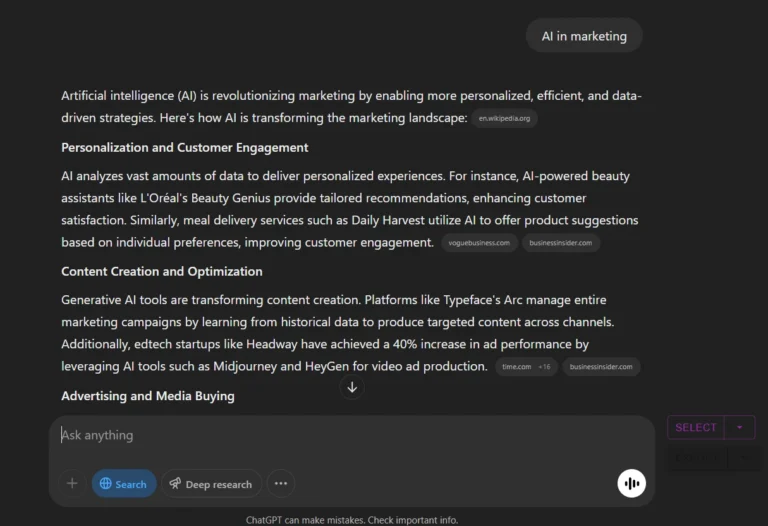 Chatgpt search example